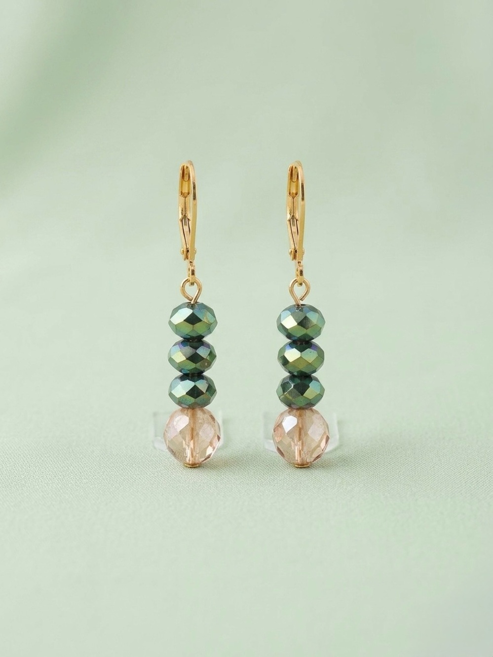 HandmadeGold Leverback Earrings with Green and Champagne Beads